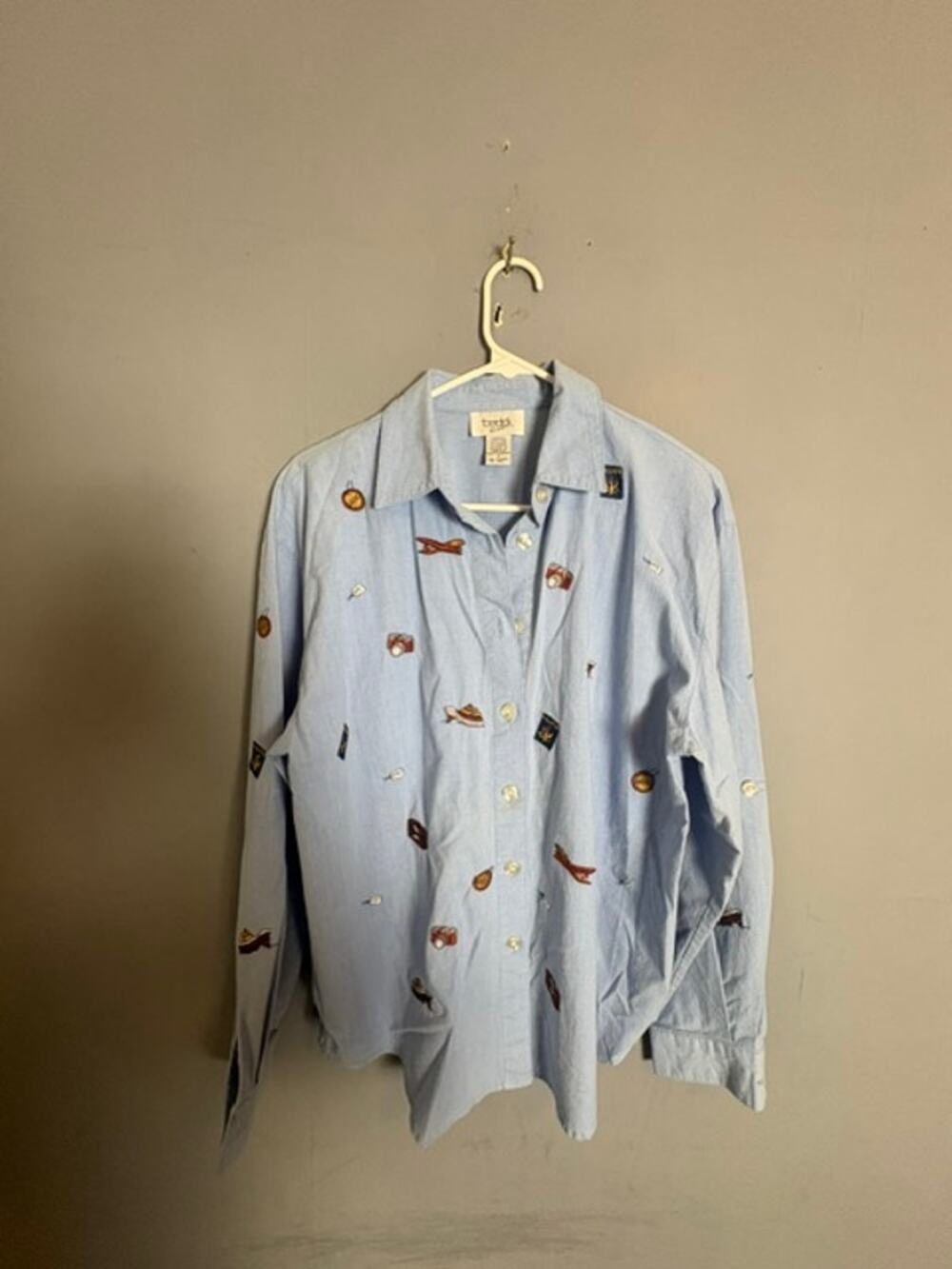 Teddi Womens Light Blue Embroidered Novelty Button Front Shirt Size Medium